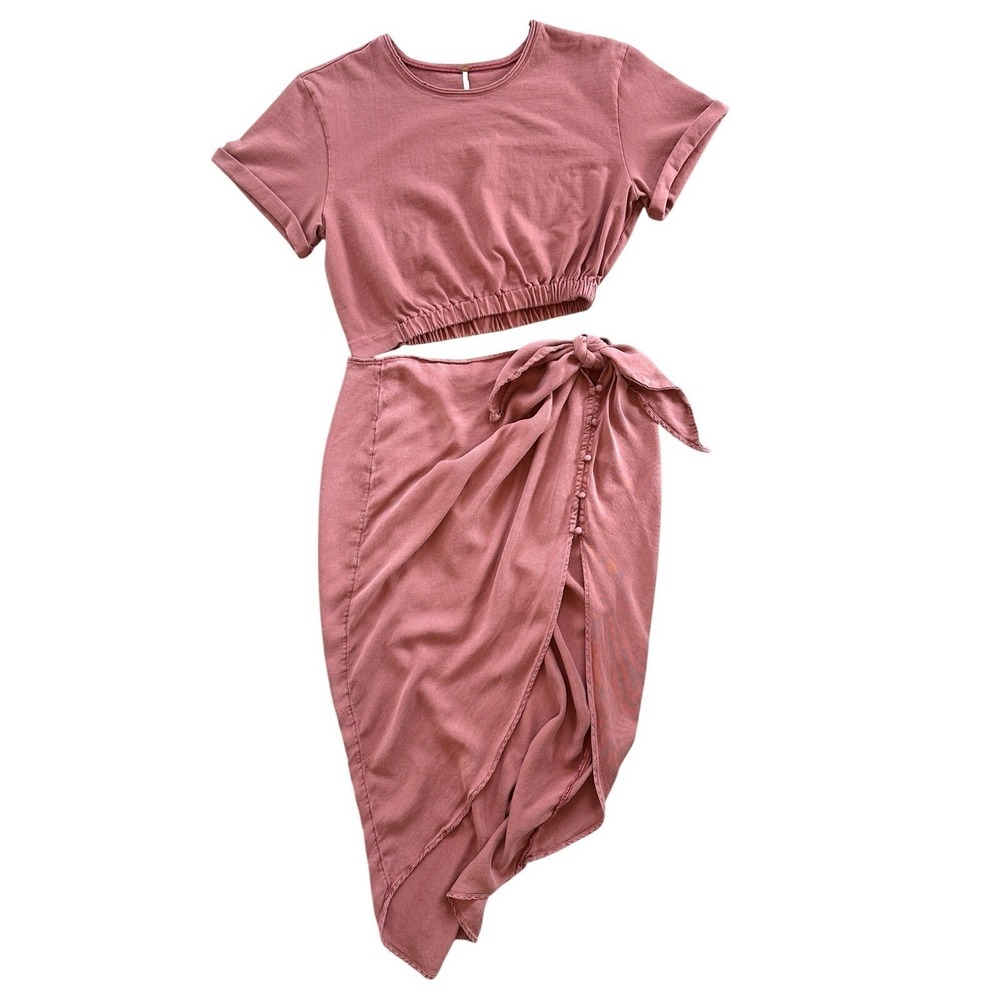 Free People Rae Midi Maxi Dress 2 Piece Set Cutout Wrap Rose Dusty Mauve Medium
